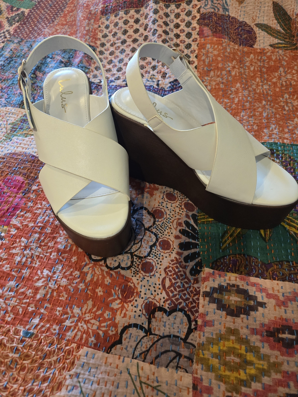 LULUS Cream Crisscross Platform Wedge Sandals